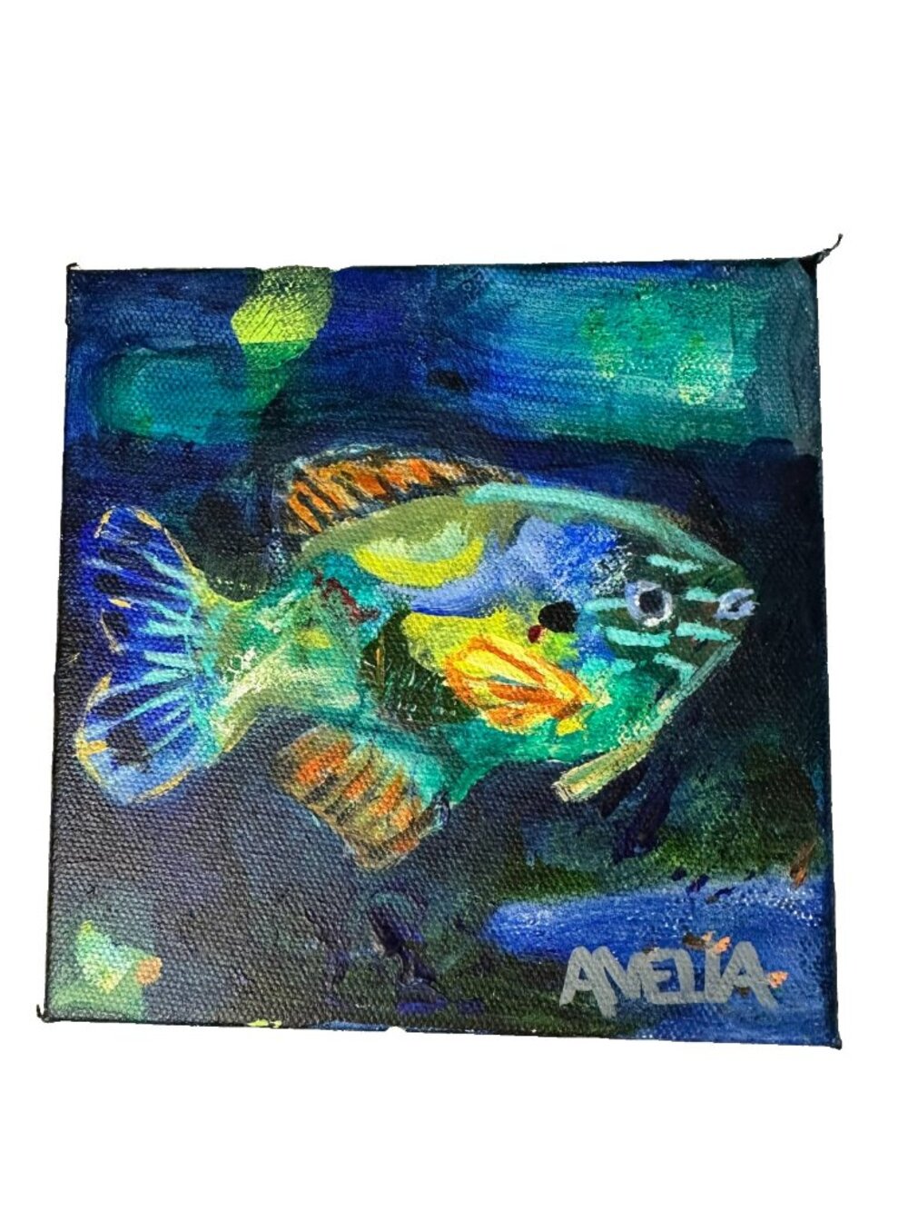 Fish Painting Original Art OOAK Aquatic Sealife Weird Mixed Media 6" x 6"